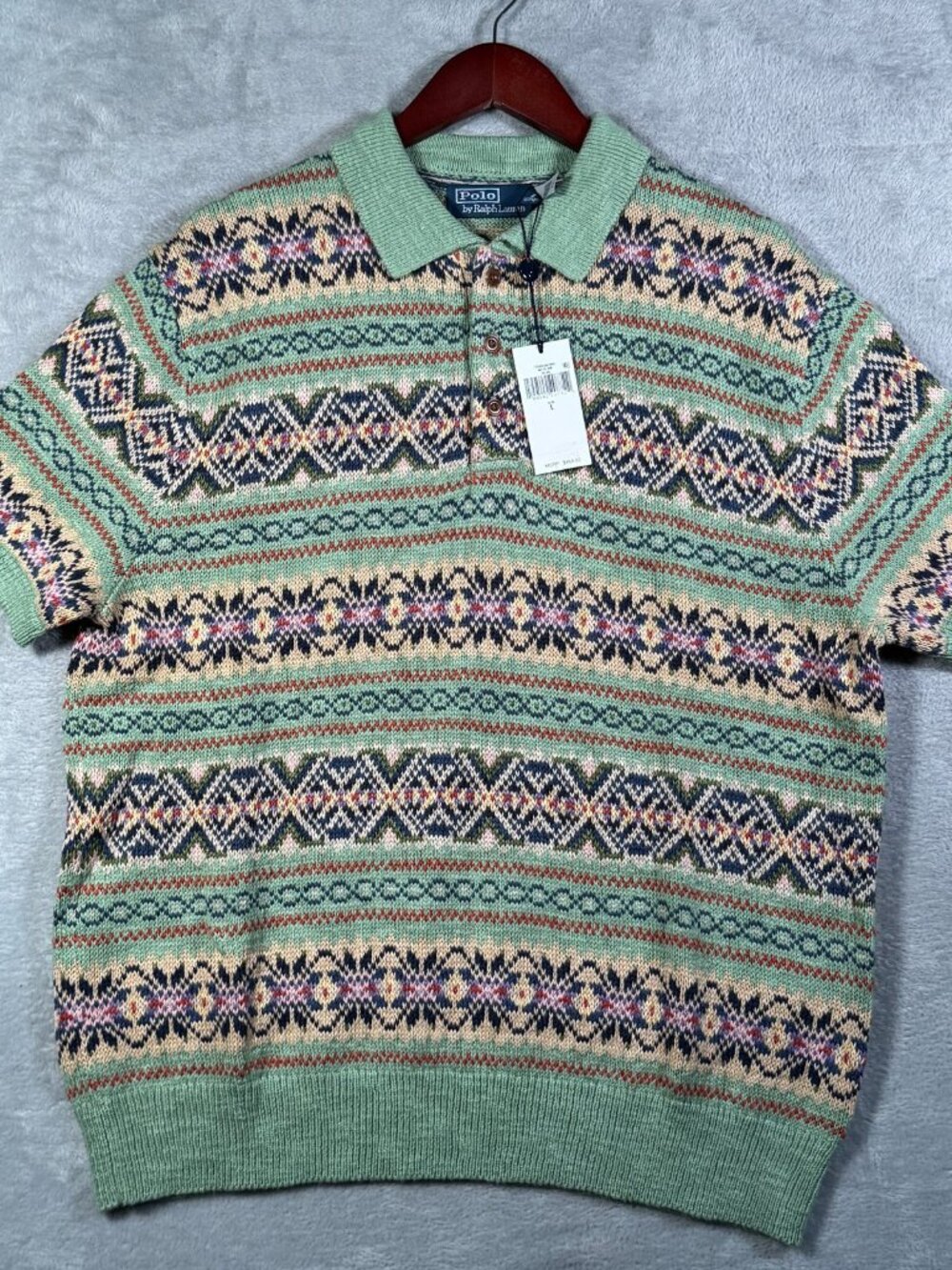 Polo Ralph Lauren Sweater Mens L Green Fair Isle Linen Cashmere Knit Shirt $468